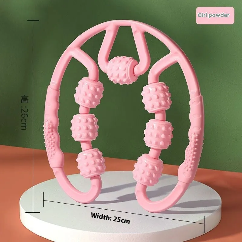 A handheld leg massage roller clip with multiple wheels, shown in a pink colour option.
