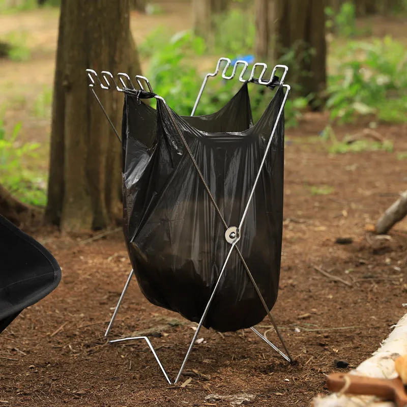 Silver and black folding stainless steel garbage bag bracket for outdoor camping use