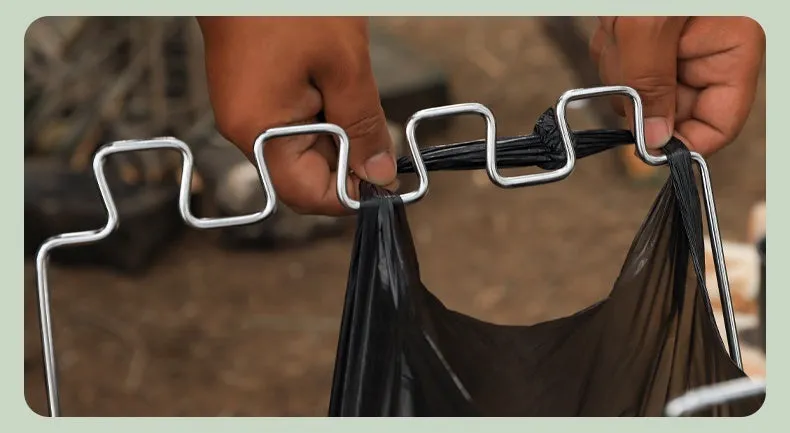 Silver and black folding stainless steel garbage bag bracket for outdoor camping use
