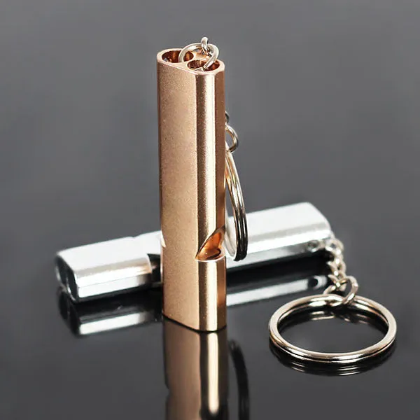 Gold and silver aluminium alloy double hole outdoor survival whistle