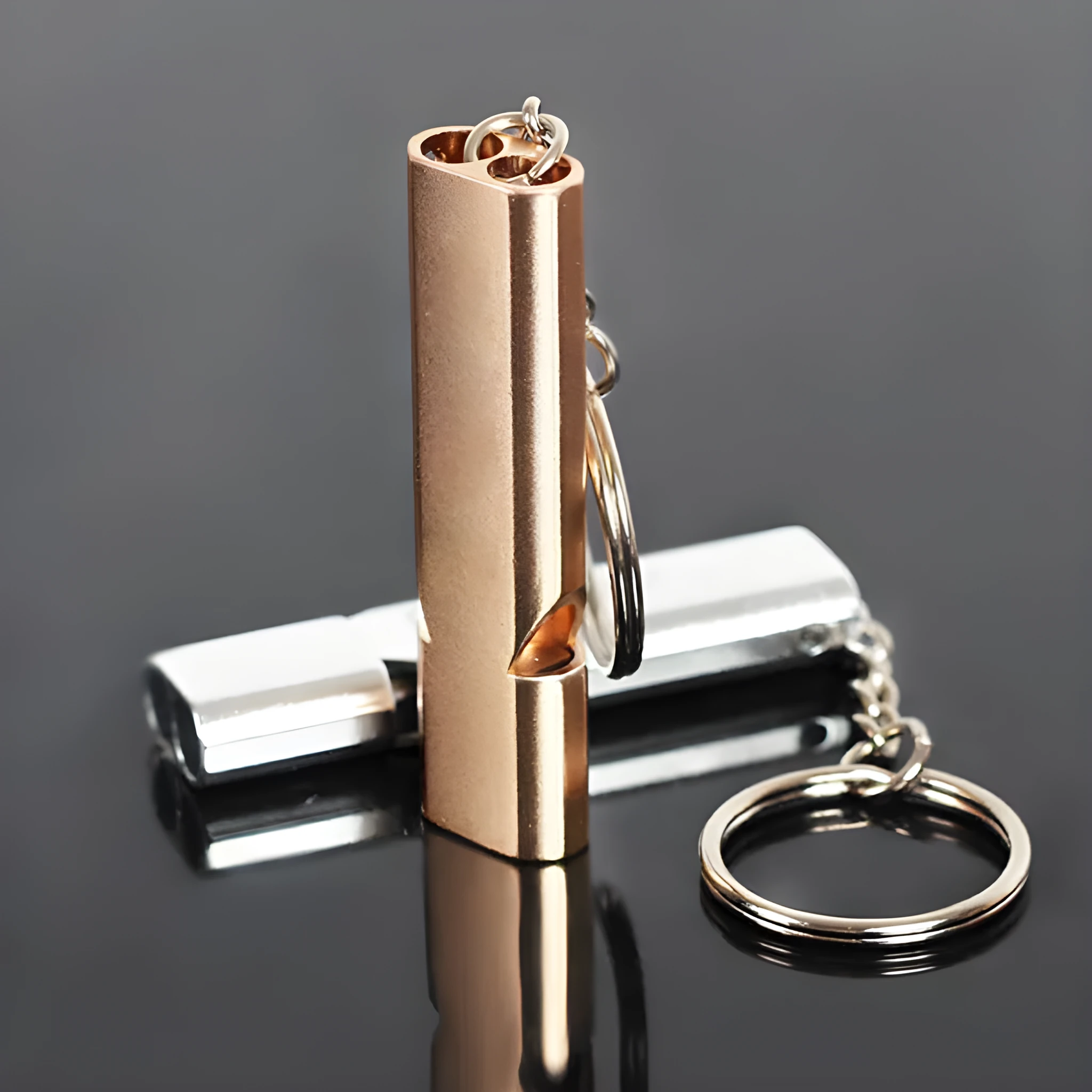 Gold and silver aluminium alloy double hole outdoor survival whistle