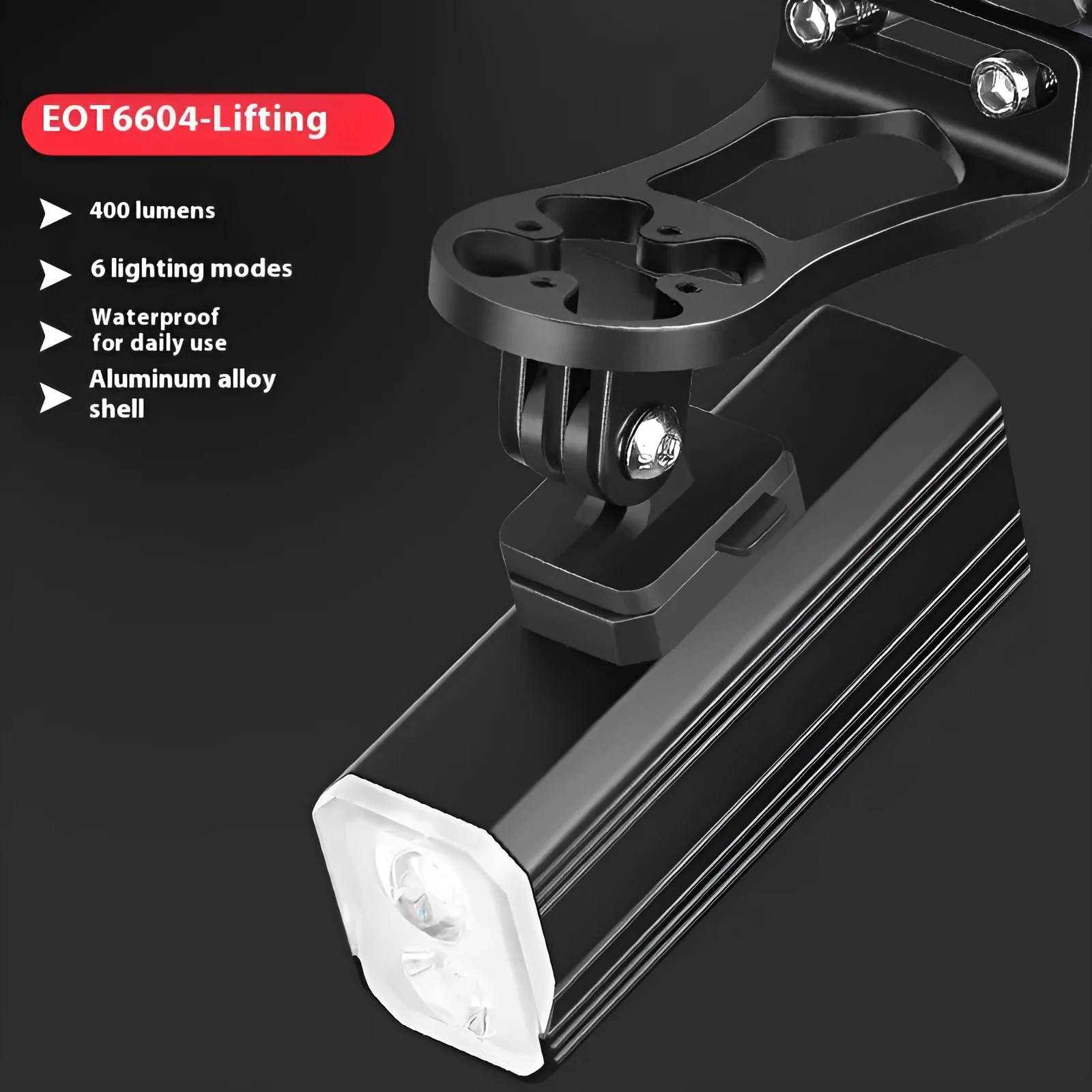 Aluminium alloy bicycle headlight with silicone mount on handlebars showing 400 lumen output