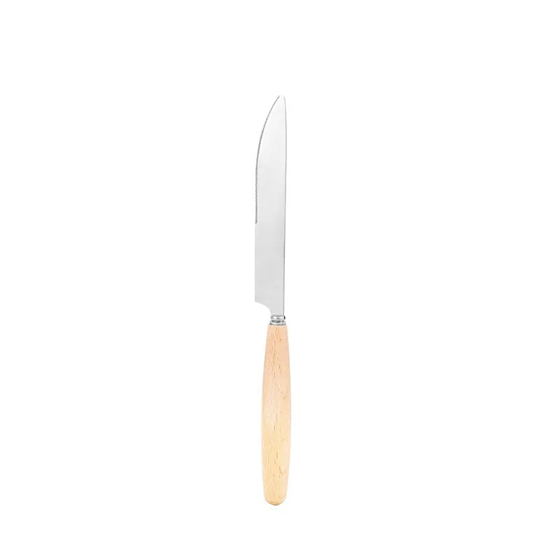Waxed canvas portable storage bag containing a wooden handle knife, fork, spoon, butter knife, and chopsticks for outdoor dining.