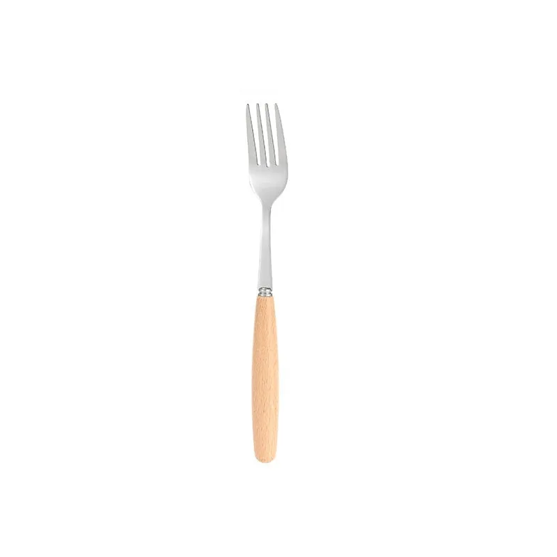 Waxed canvas portable storage bag containing a wooden handle knife, fork, spoon, butter knife, and chopsticks for outdoor dining.