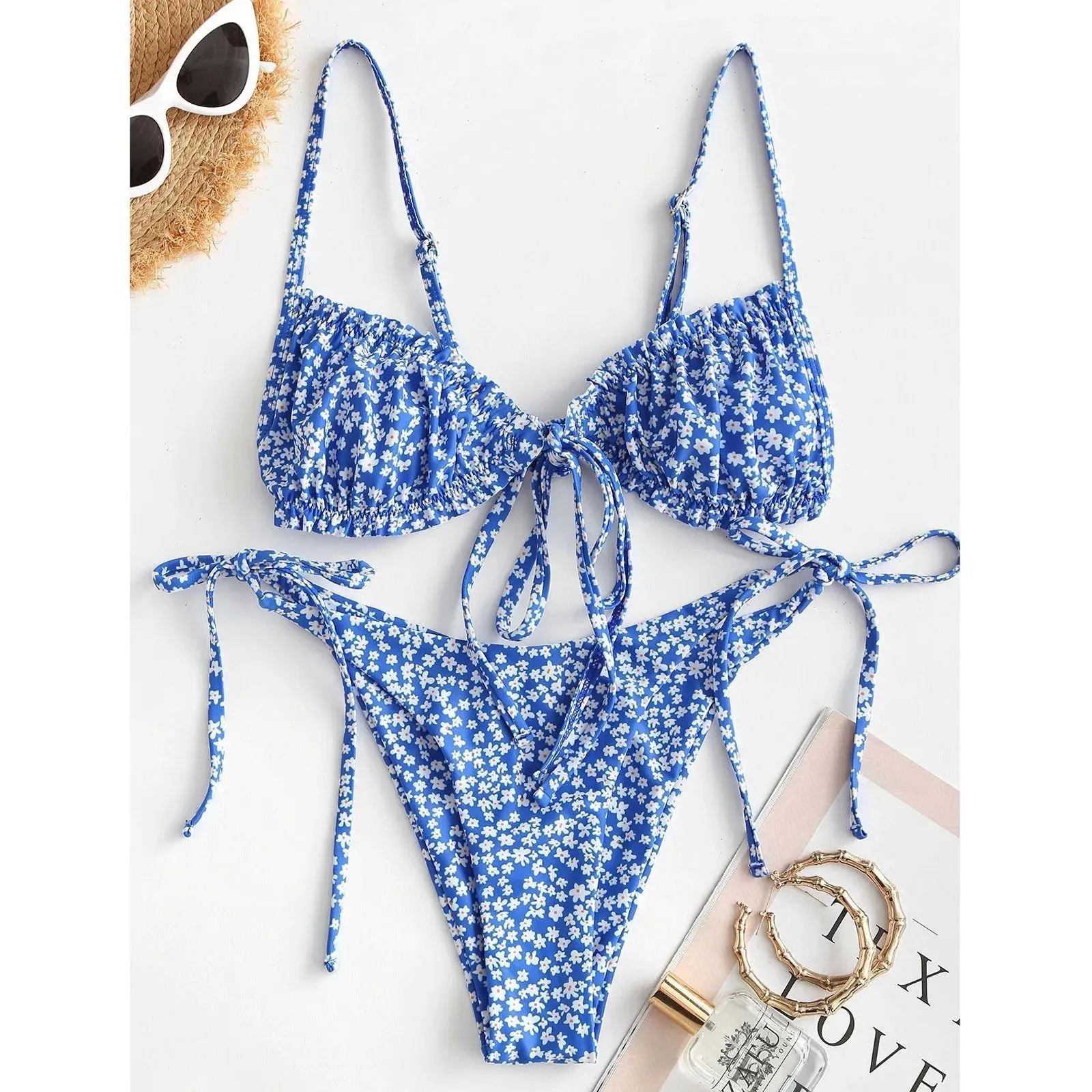 Blue printed women's bikini swimsuit with rope banding, lapel collar and short sleeves