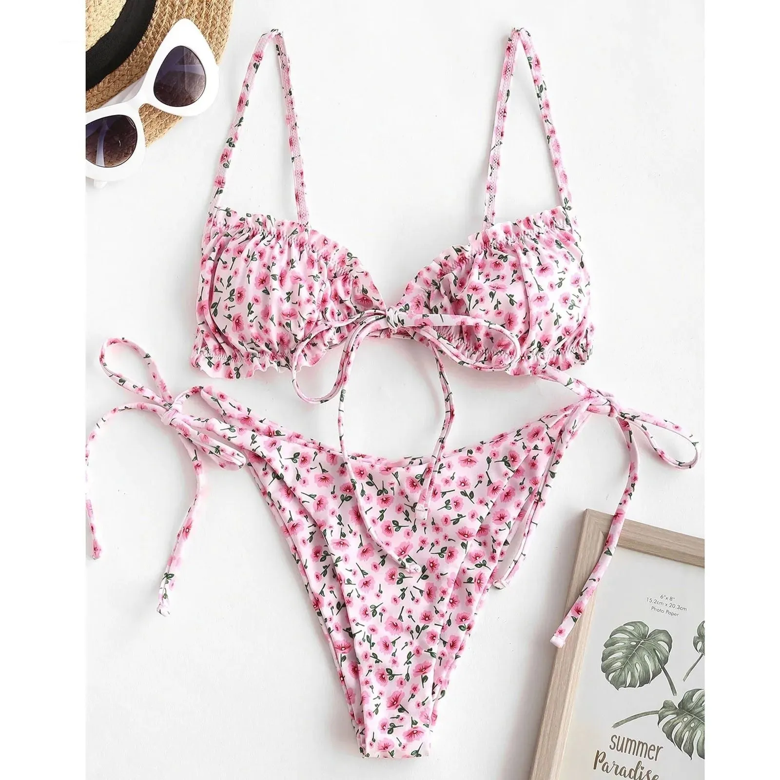 Blue printed women's bikini swimsuit with rope banding, lapel collar and short sleeves