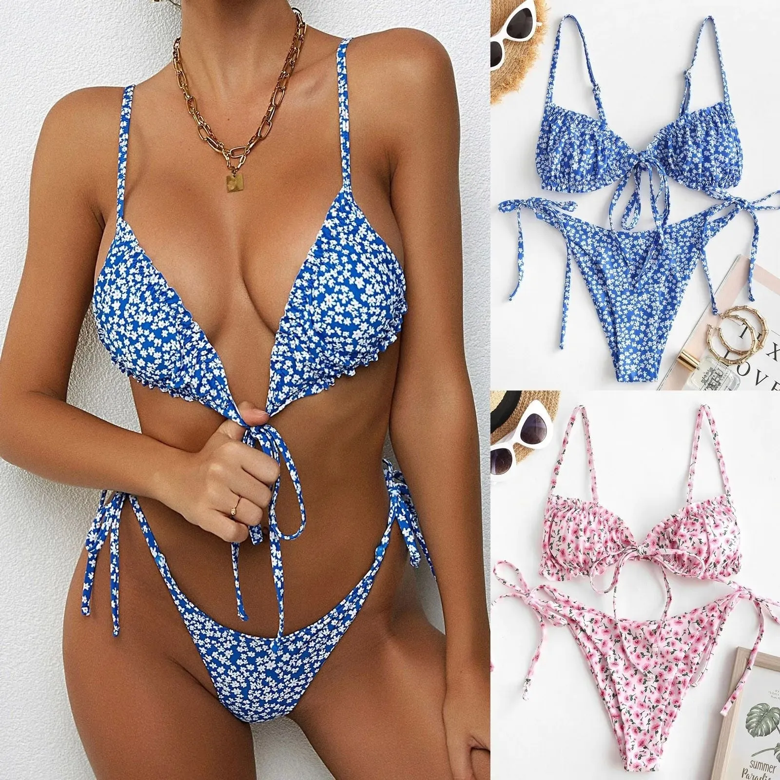 Blue printed women's bikini swimsuit with rope banding, lapel collar and short sleeves