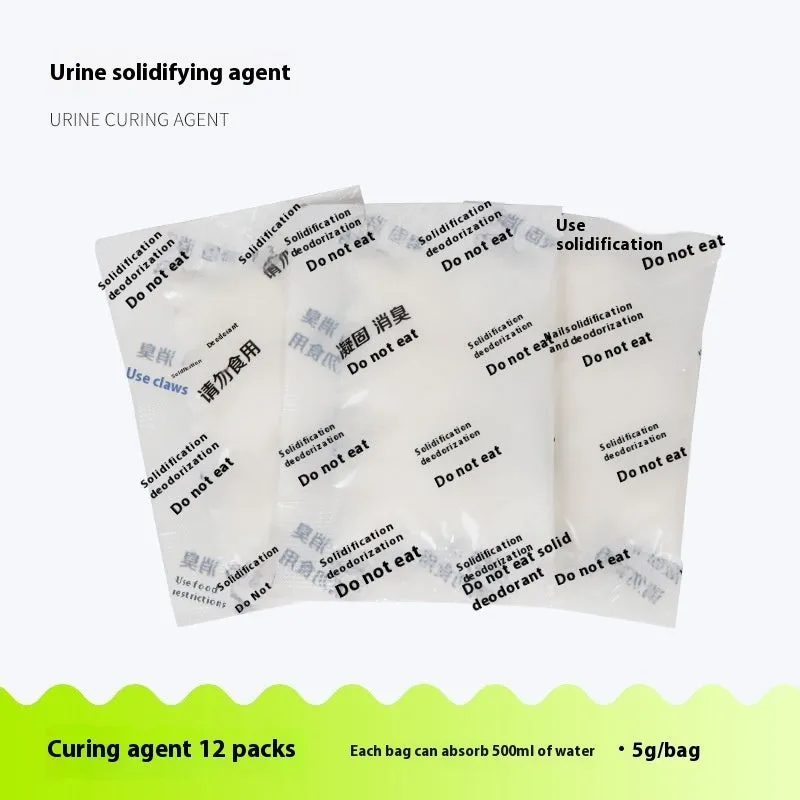 Disposable emergency urine bag kit with black degradable bags and curing agent sachets.