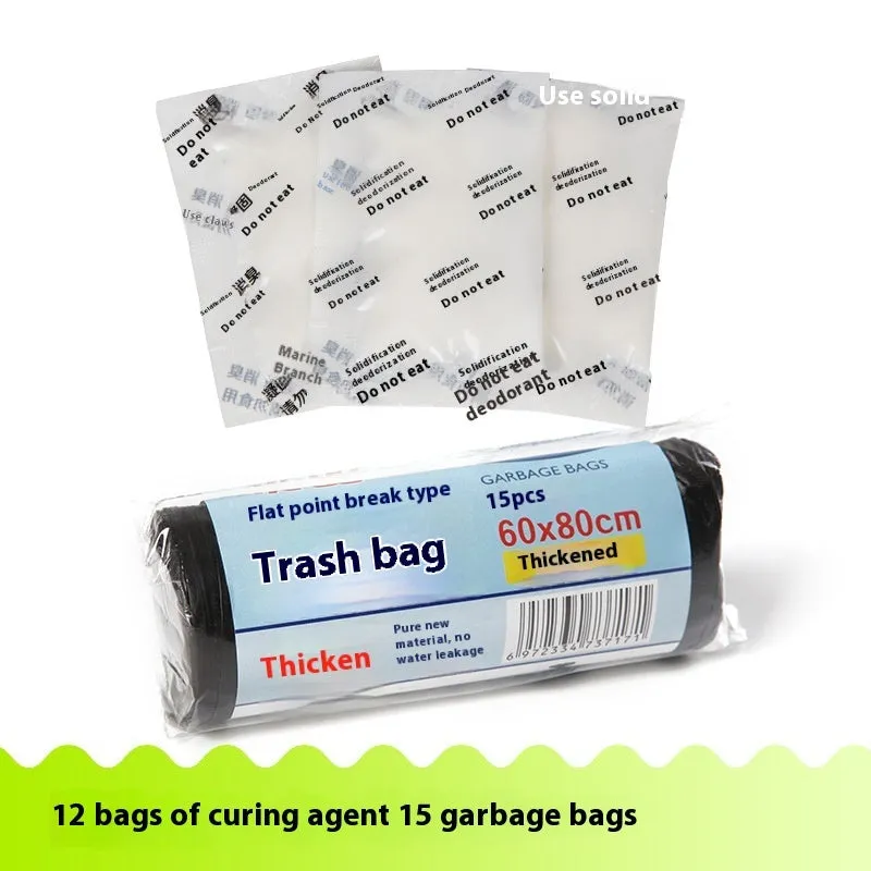 Disposable emergency urine bag kit with black degradable bags and curing agent sachets.