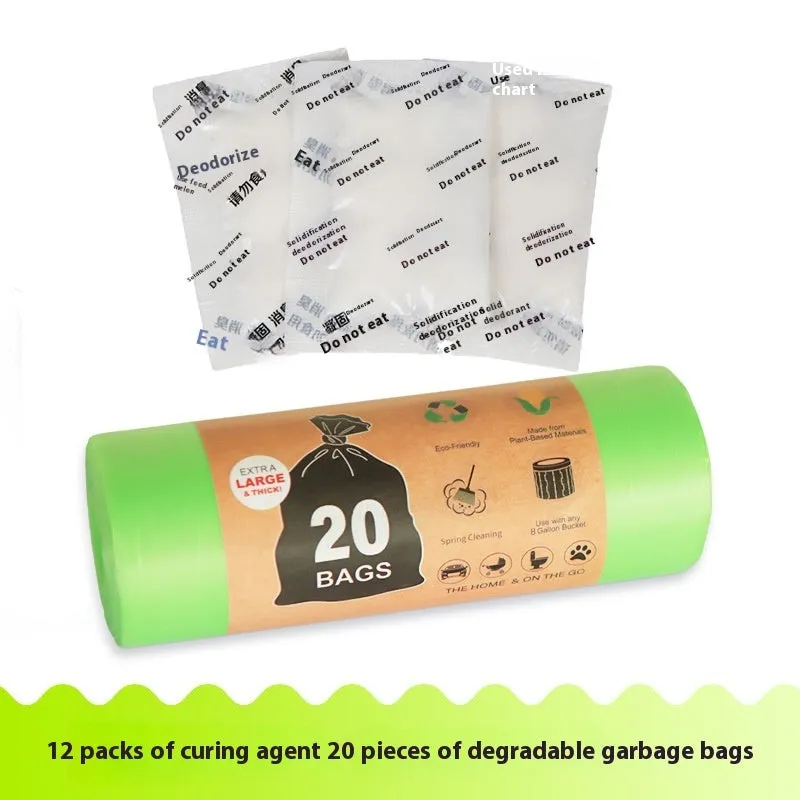 Disposable emergency urine bag kit with black degradable bags and curing agent sachets.