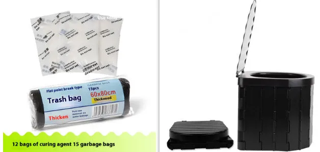 Disposable emergency urine bag kit with black degradable bags and curing agent sachets.