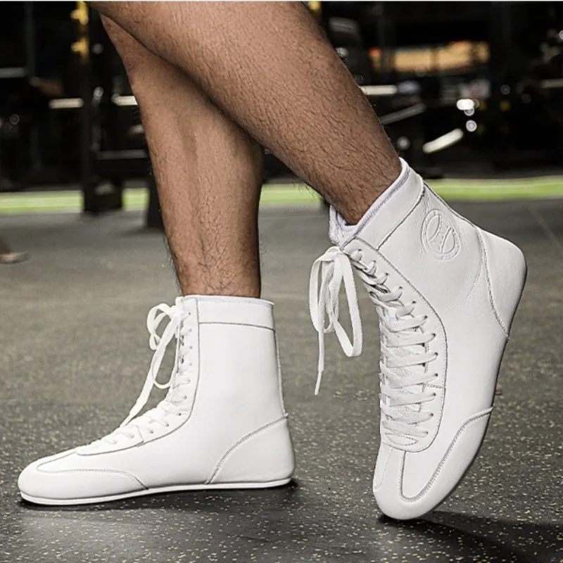 Black gold mesh and white leather professional boxing shoes with non-slip sole for wrestling training