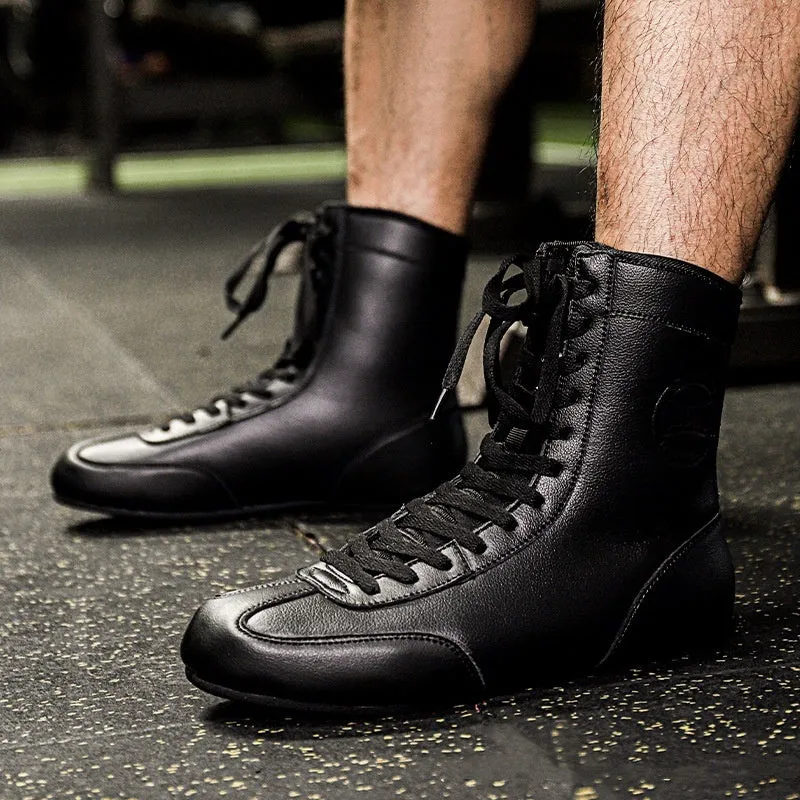 Black gold mesh and white leather professional boxing shoes with non-slip sole for wrestling training