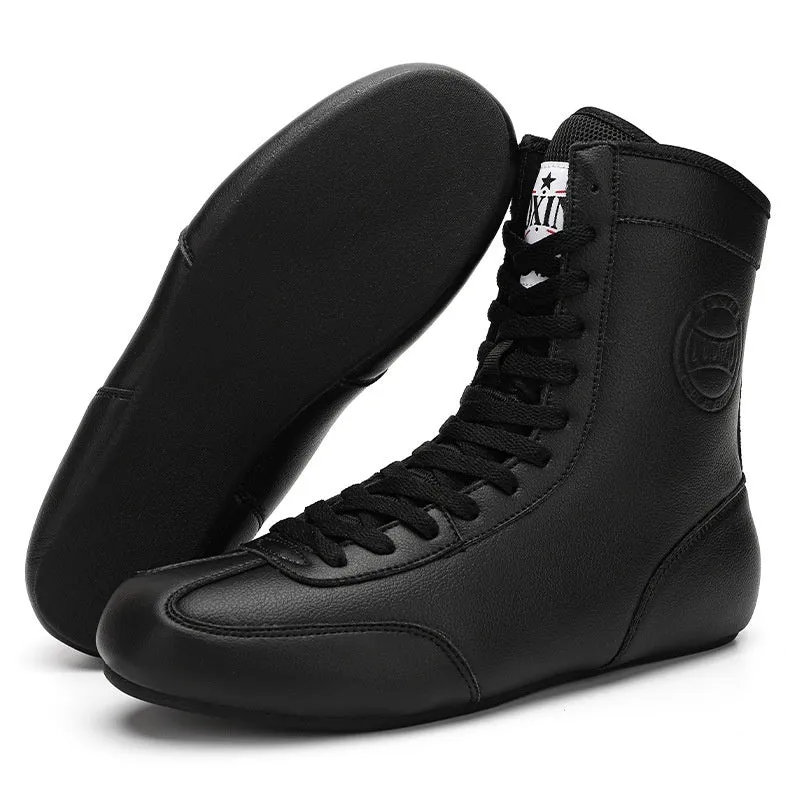 Black gold mesh and white leather professional boxing shoes with non-slip sole for wrestling training