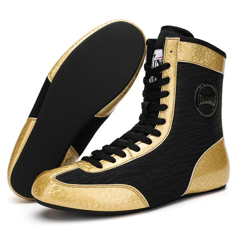 Black gold mesh and white leather professional boxing shoes with non-slip sole for wrestling training