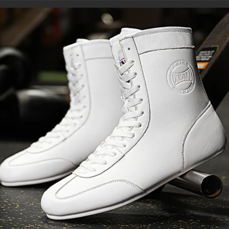 Black gold mesh and white leather professional boxing shoes with non-slip sole for wrestling training