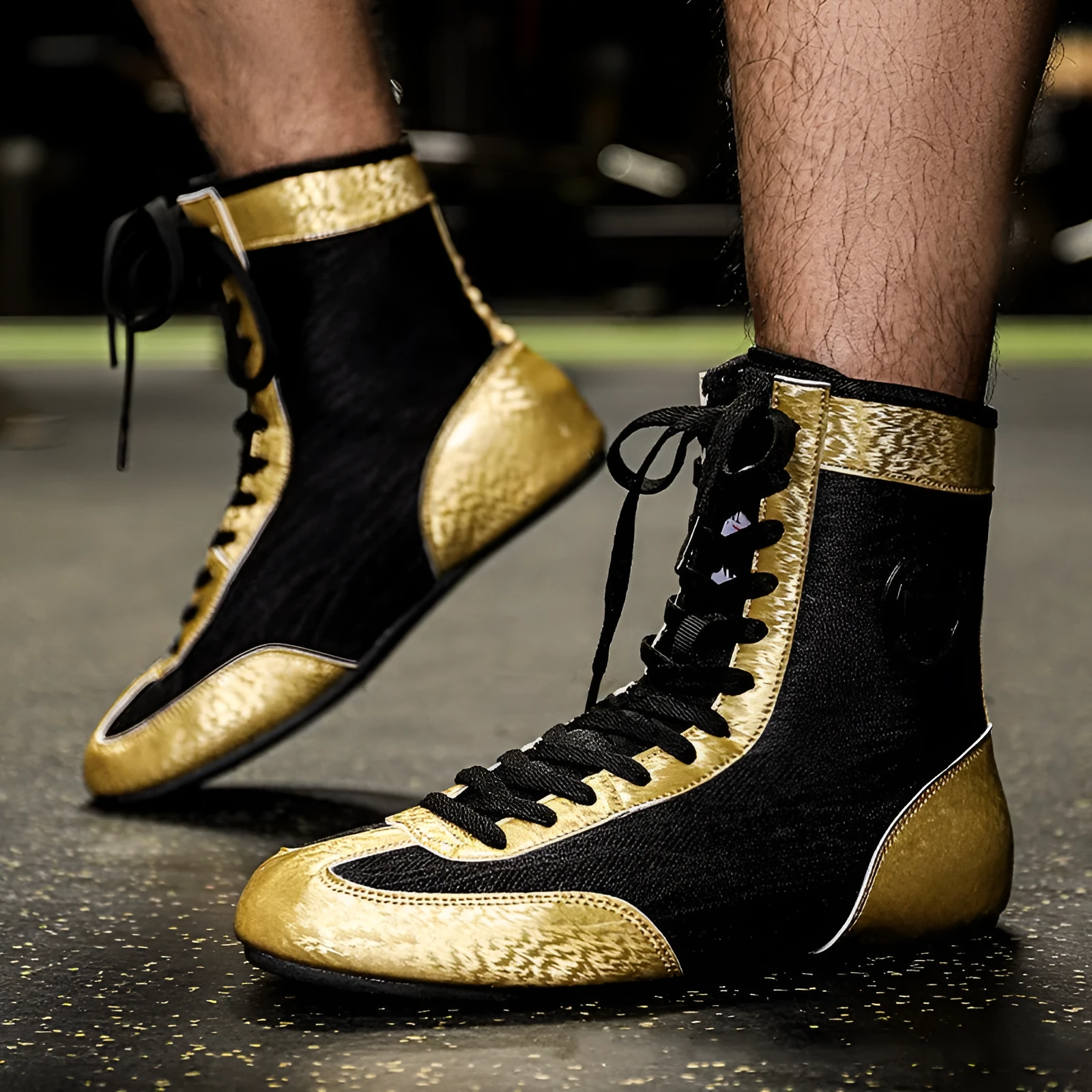 Black gold mesh and white leather professional boxing shoes with non-slip sole for wrestling training