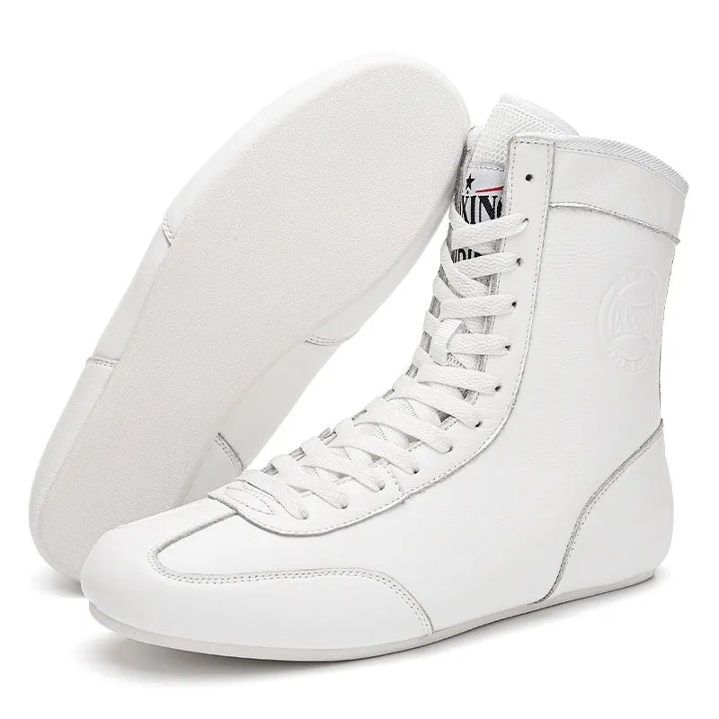 Black gold mesh and white leather professional boxing shoes with non-slip sole for wrestling training