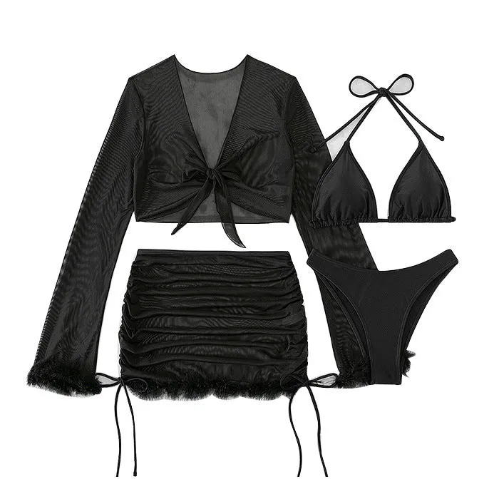 Black women's bikini set with long sleeve top and briefs bottom for swimming