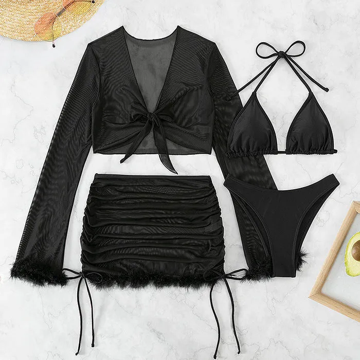 Black women's bikini set with long sleeve top and briefs bottom for swimming