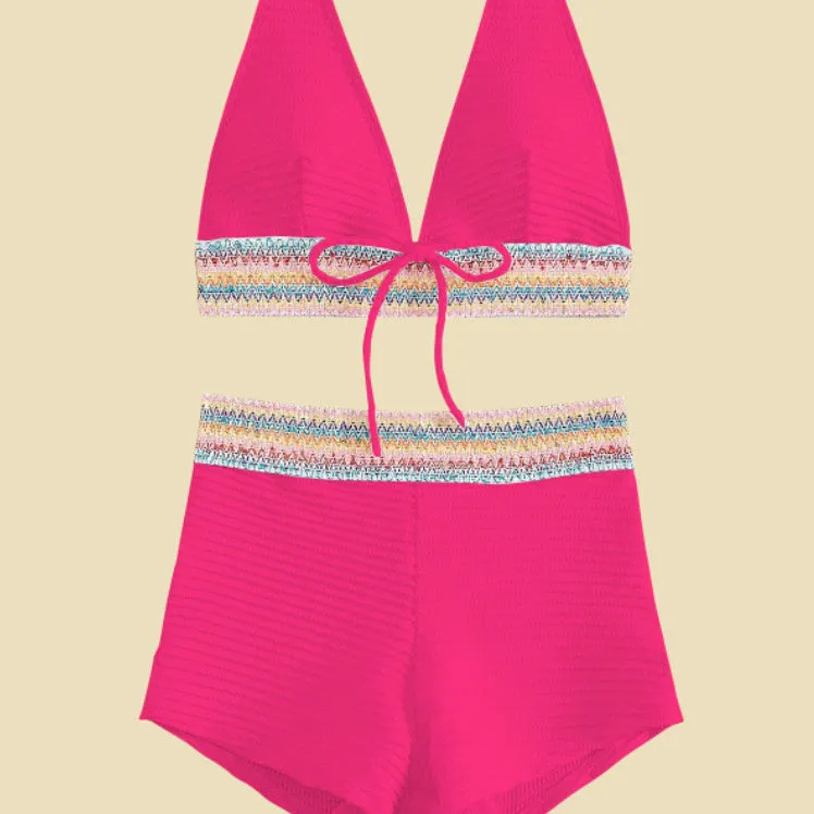 Women's high waist bikini suit in a choice of six colours with striped or solid patterns