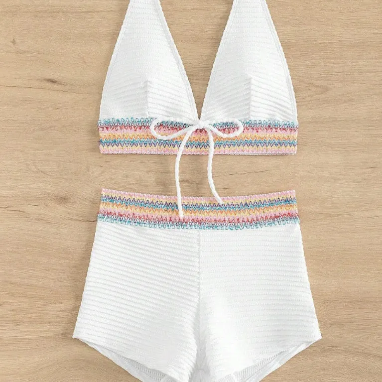 Women's high waist bikini suit in a choice of six colours with striped or solid patterns