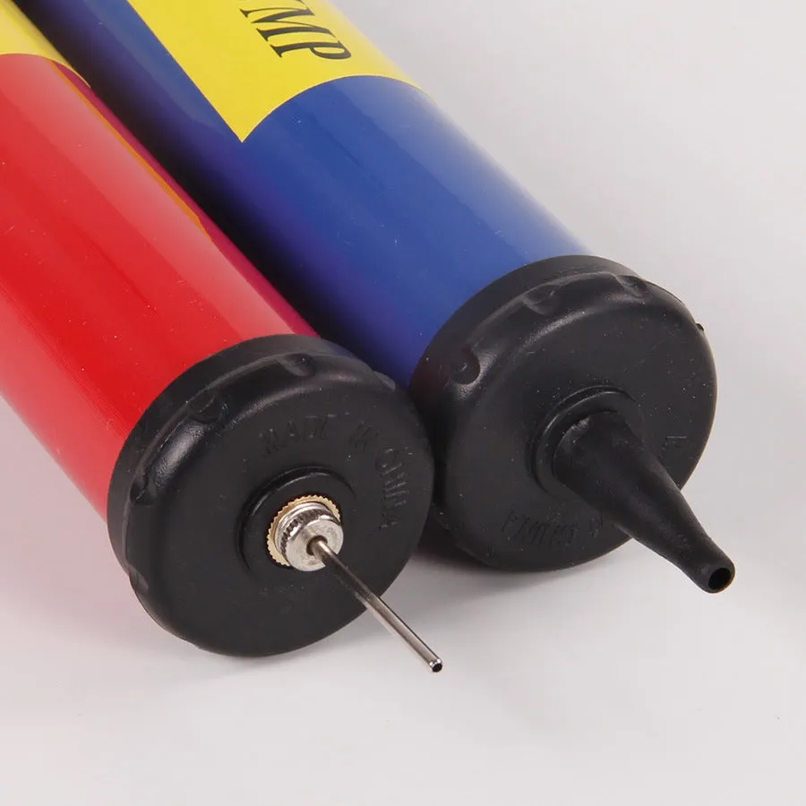 Mixed colour plastic manual hand pump for inflating sports balls and balloons.
