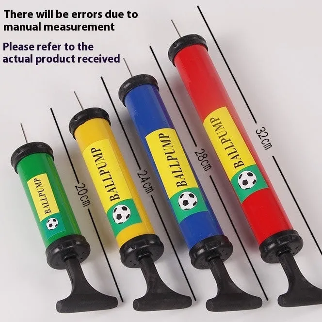 Mixed colour plastic manual hand pump for inflating sports balls and balloons.