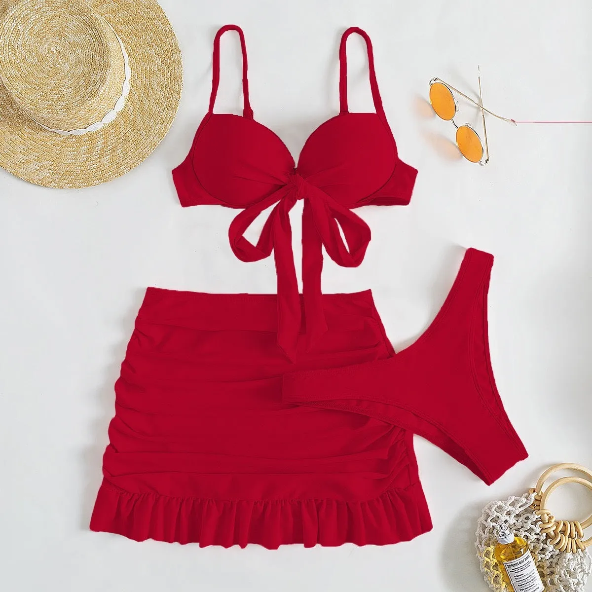 Women's bow split swimsuit three-piece set in floral polyester fabric showing colour options