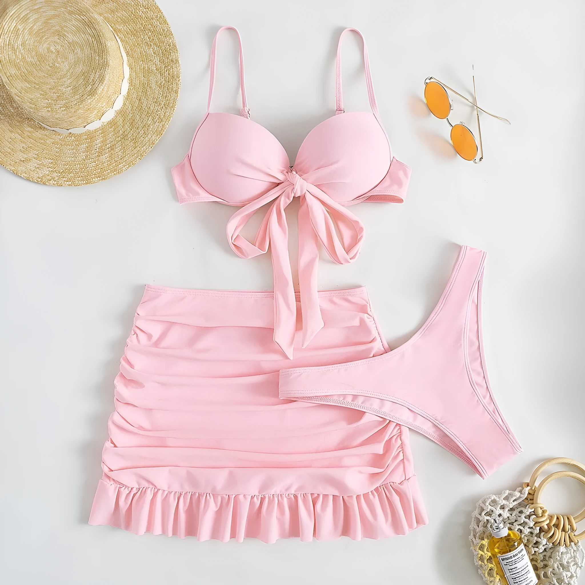 Women's bow split swimsuit three-piece set in floral polyester fabric showing colour options