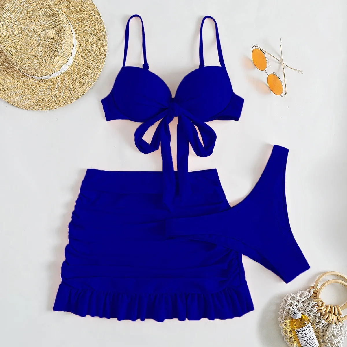 Women's bow split swimsuit three-piece set in floral polyester fabric showing colour options