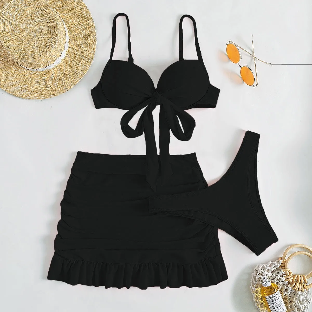 Women's bow split swimsuit three-piece set in floral polyester fabric showing colour options