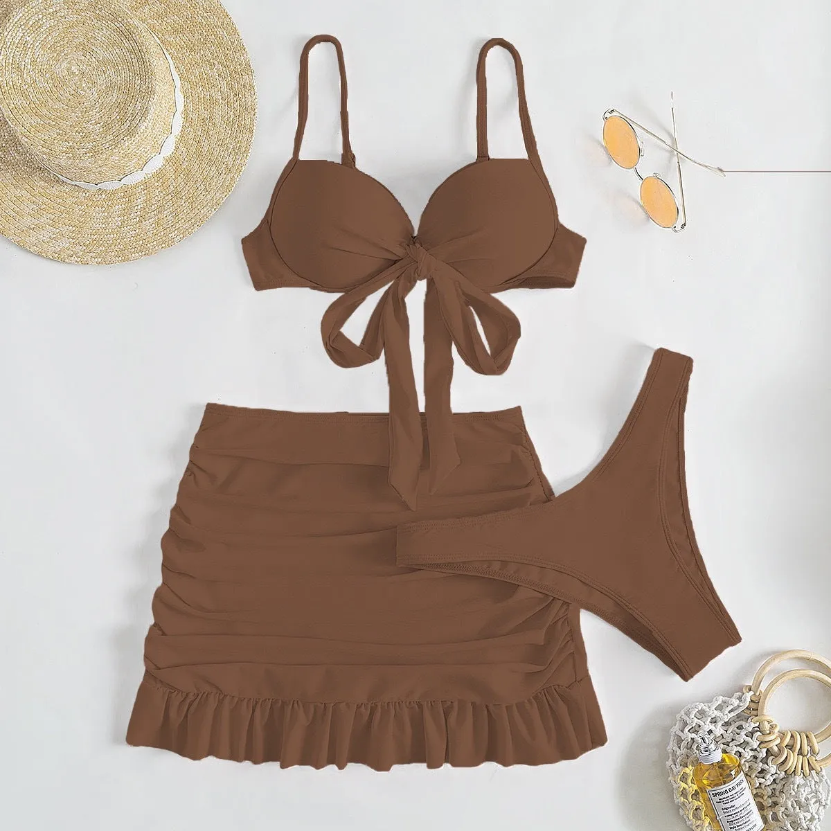 Women's bow split swimsuit three-piece set in floral polyester fabric showing colour options