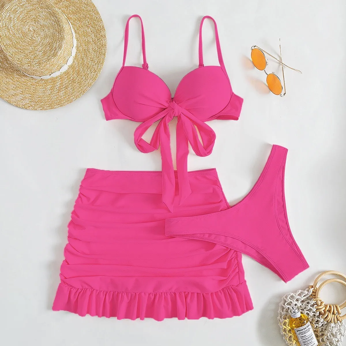 Women's bow split swimsuit three-piece set in floral polyester fabric showing colour options