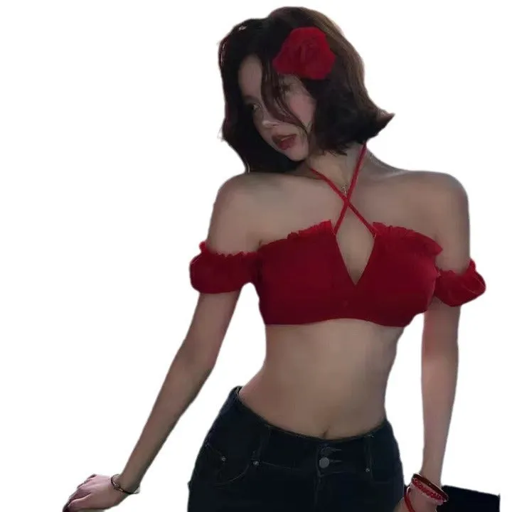 Women's red bikini swimsuit with puff sleeve skirt and briefs in solid colour