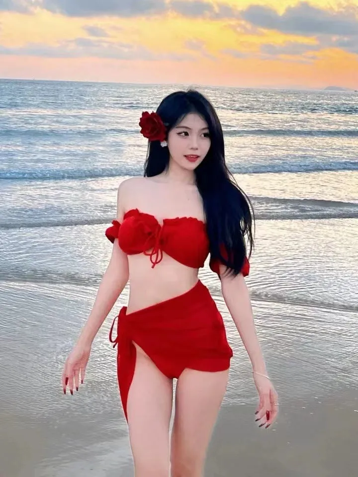 Women's red bikini swimsuit with puff sleeve skirt and briefs in solid colour