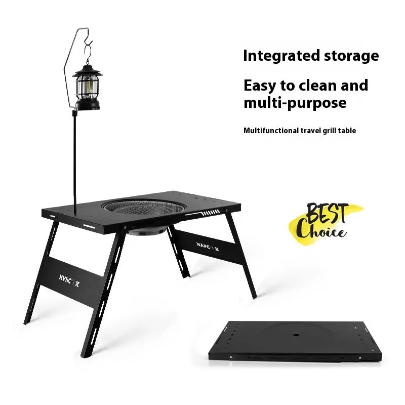 Foldable steel camping barbecue table with integrated light pole in black