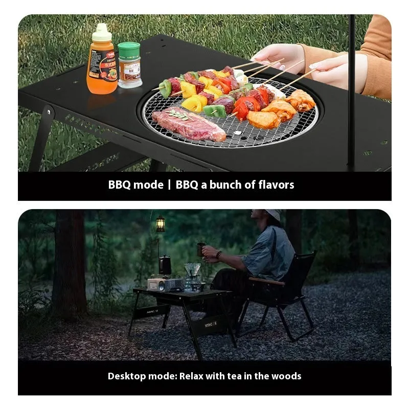 Foldable steel camping barbecue table with integrated light pole in black