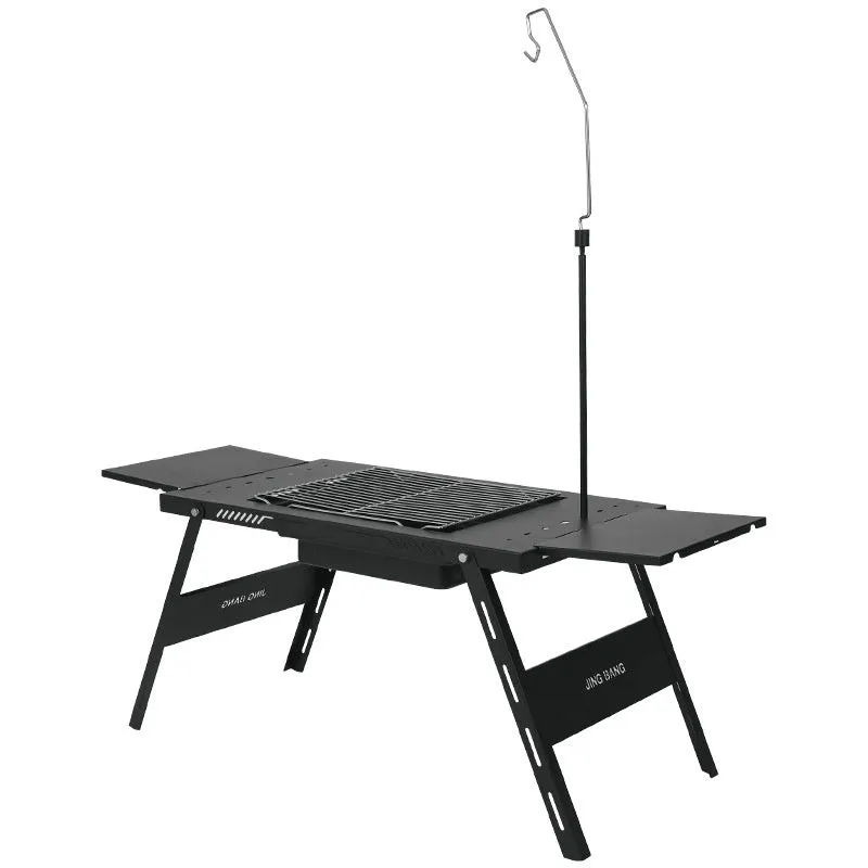 Foldable steel camping barbecue table with integrated light pole in black