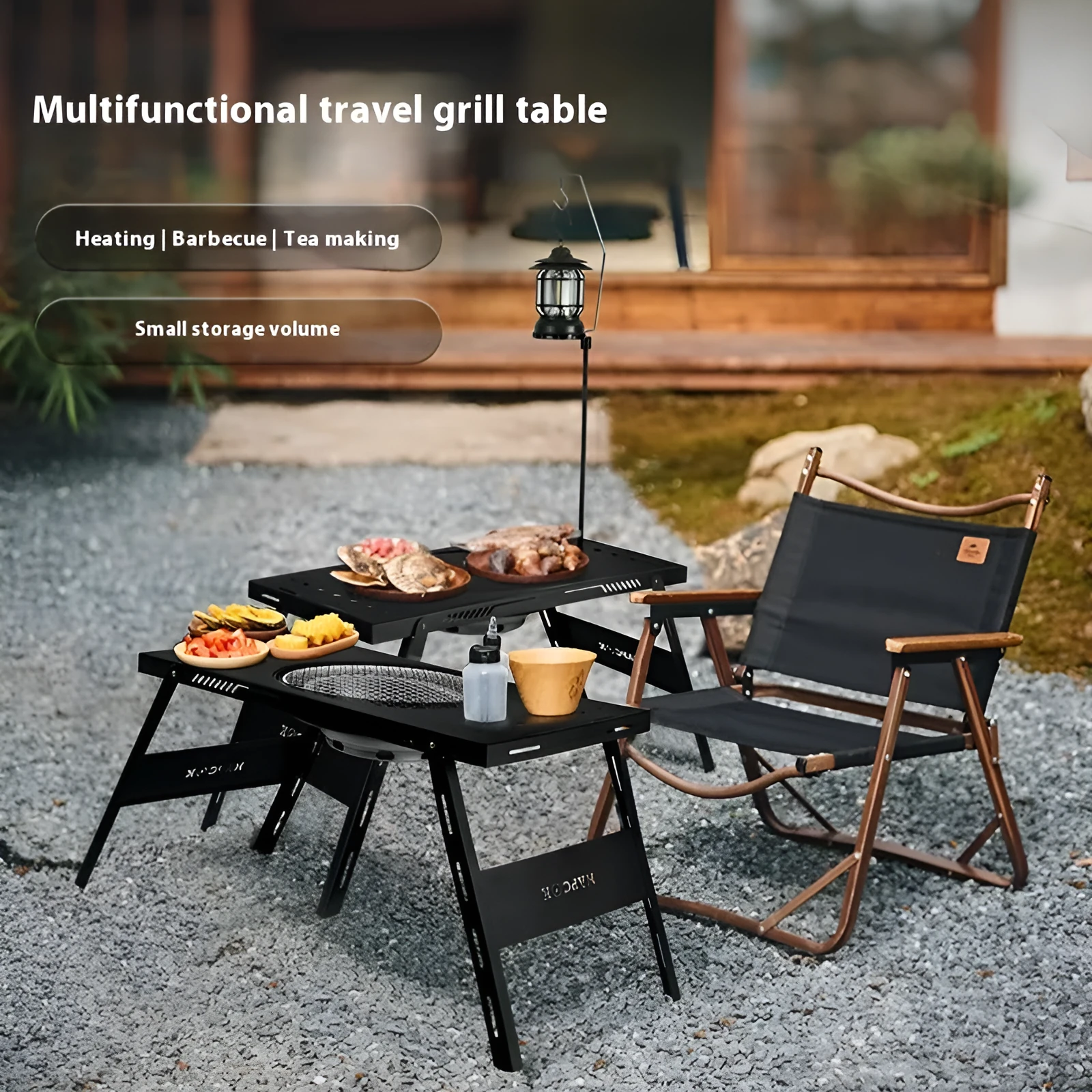 Foldable steel camping barbecue table with integrated light pole in black