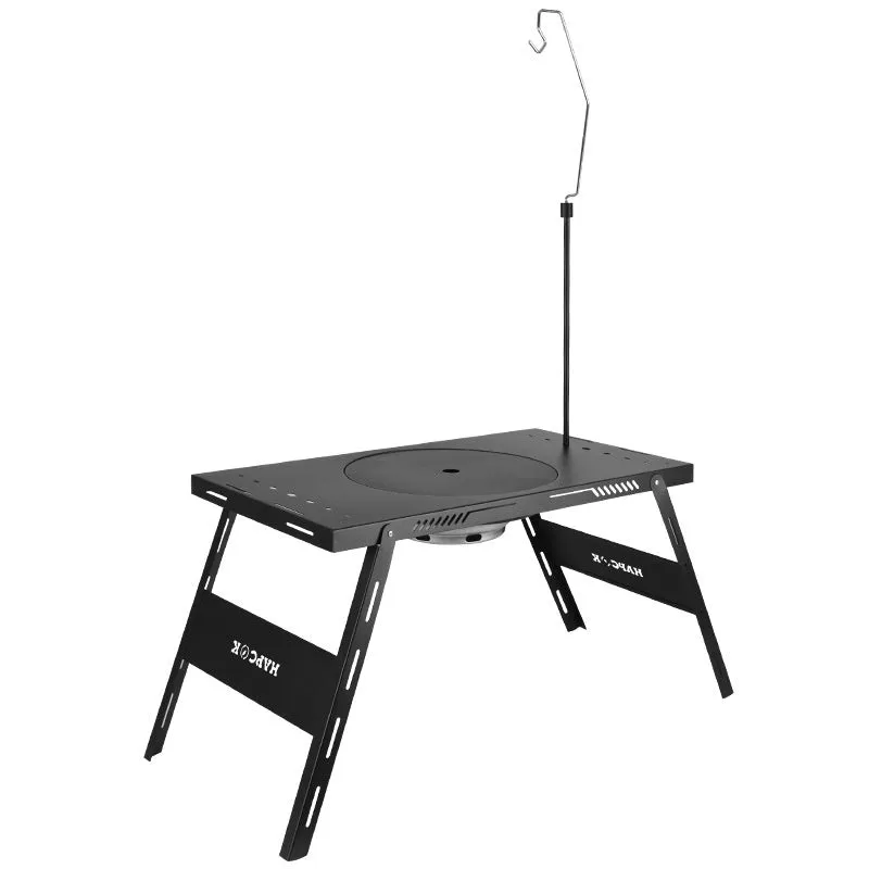 Foldable steel camping barbecue table with integrated light pole in black
