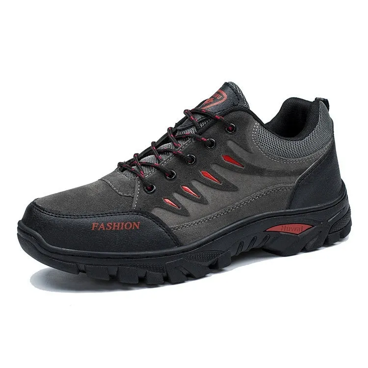 Men's mid-top hiking shoes with suede upper, round toe, and lace-up closure in multiple colour options