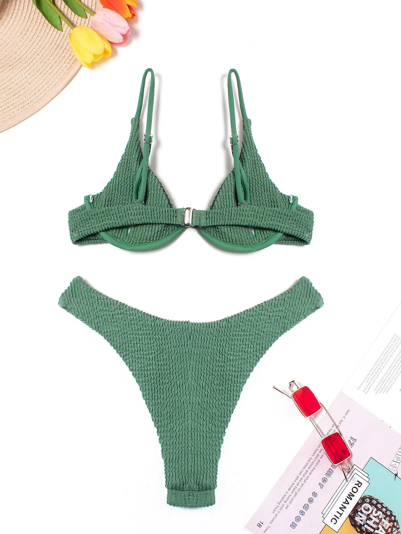 Women's green solid colour bikini set with ruffle detail on briefs, quick-dry polyester swimwear