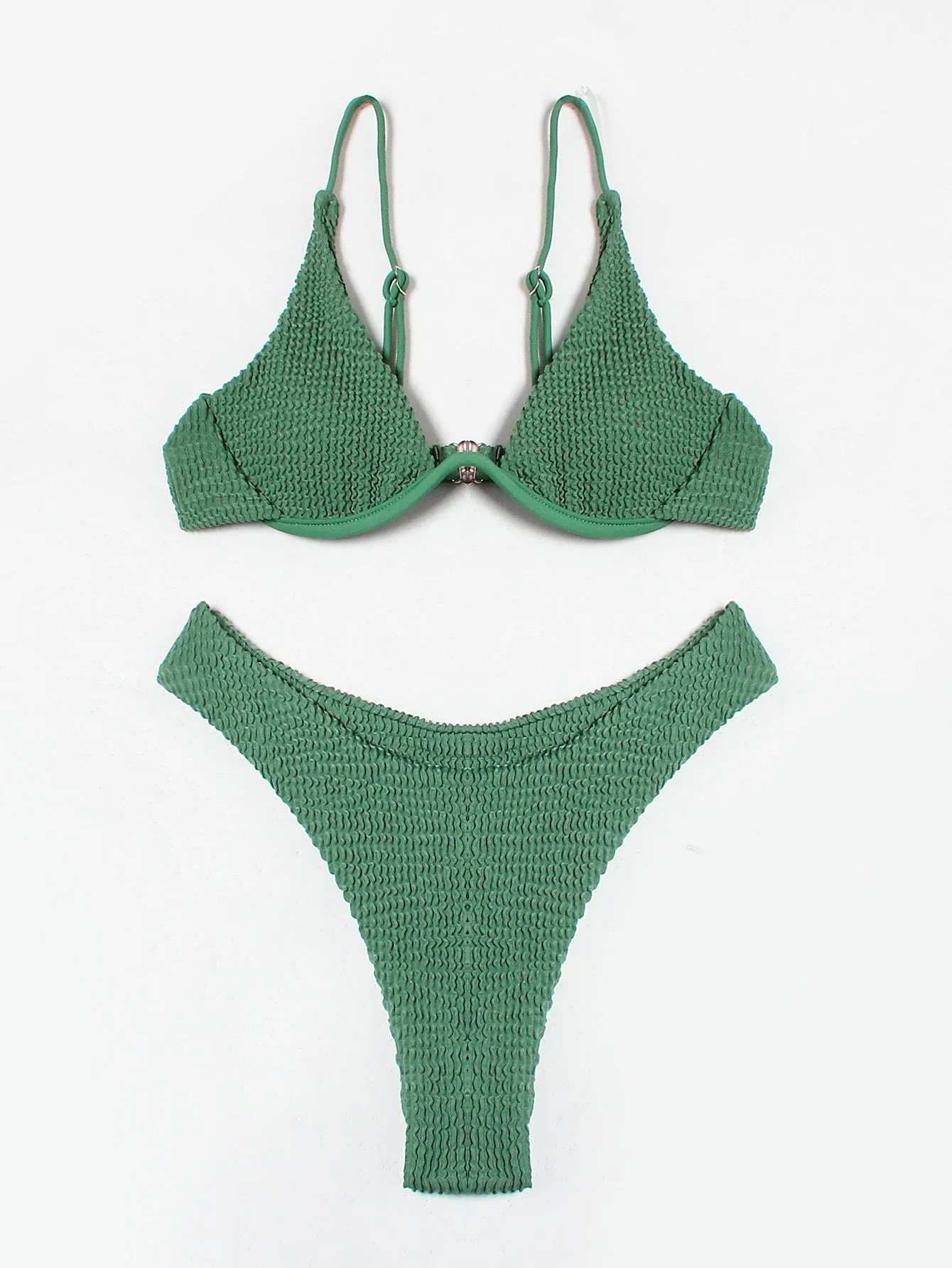 Women's green solid colour bikini set with ruffle detail on briefs, quick-dry polyester swimwear