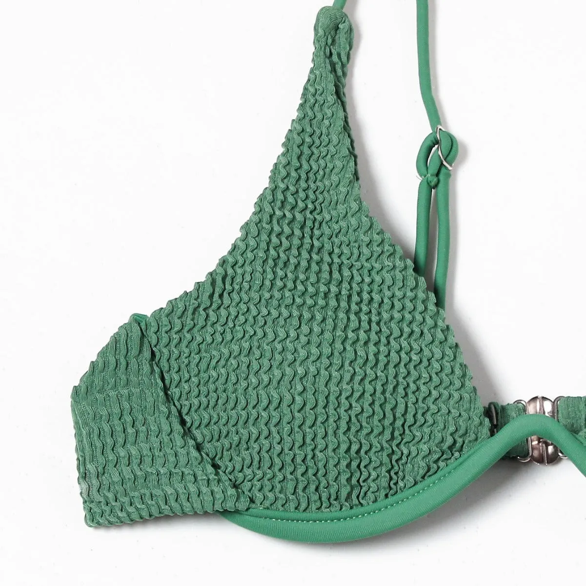 Women's green solid colour bikini set with ruffle detail on briefs, quick-dry polyester swimwear