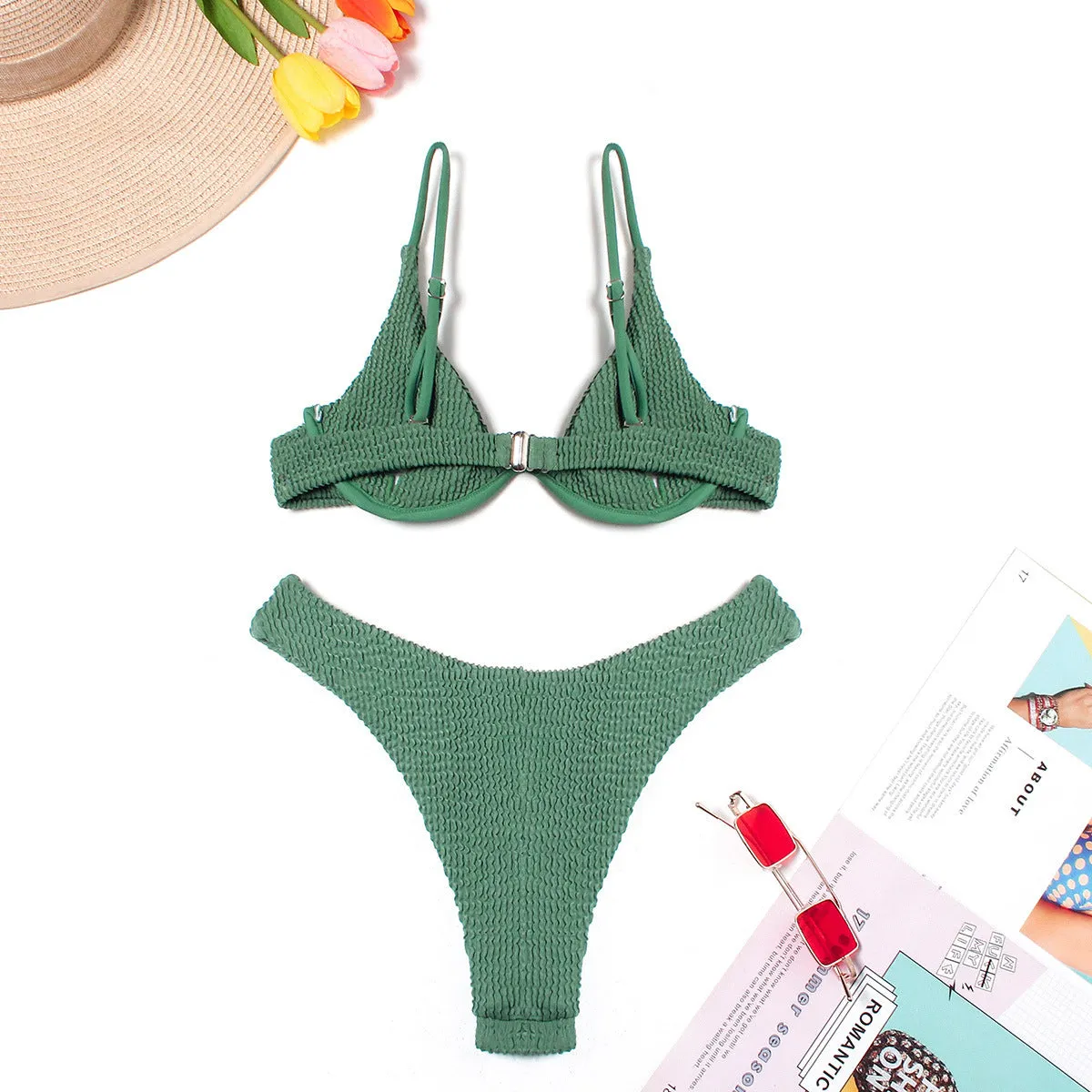 Women's green solid colour bikini set with ruffle detail on briefs, quick-dry polyester swimwear