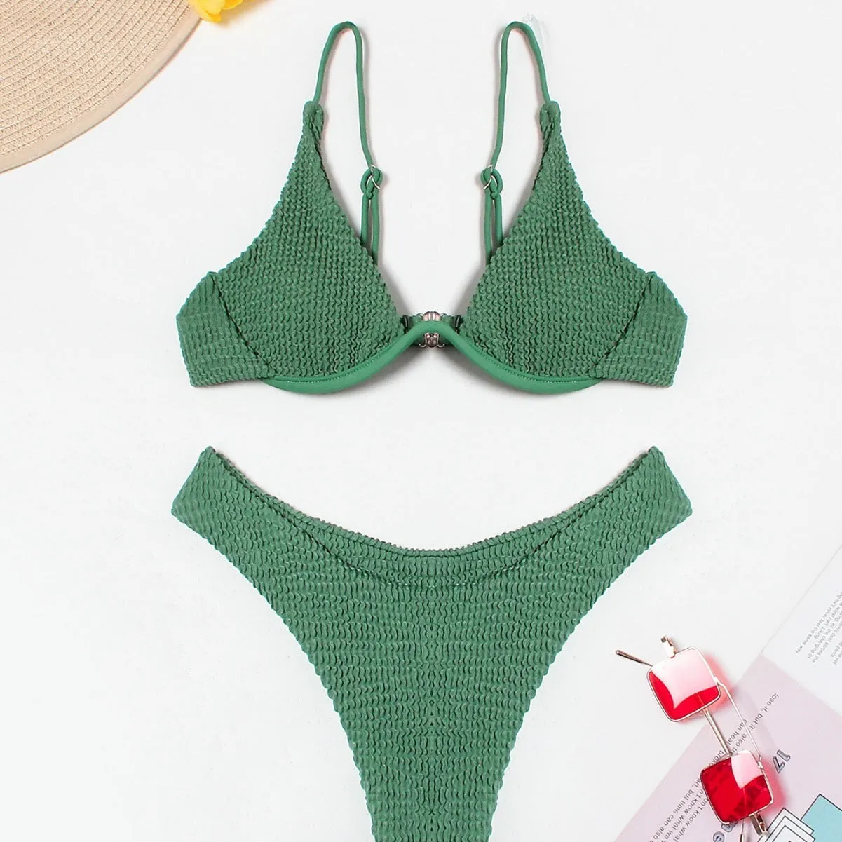 Women's green solid colour bikini set with ruffle detail on briefs, quick-dry polyester swimwear