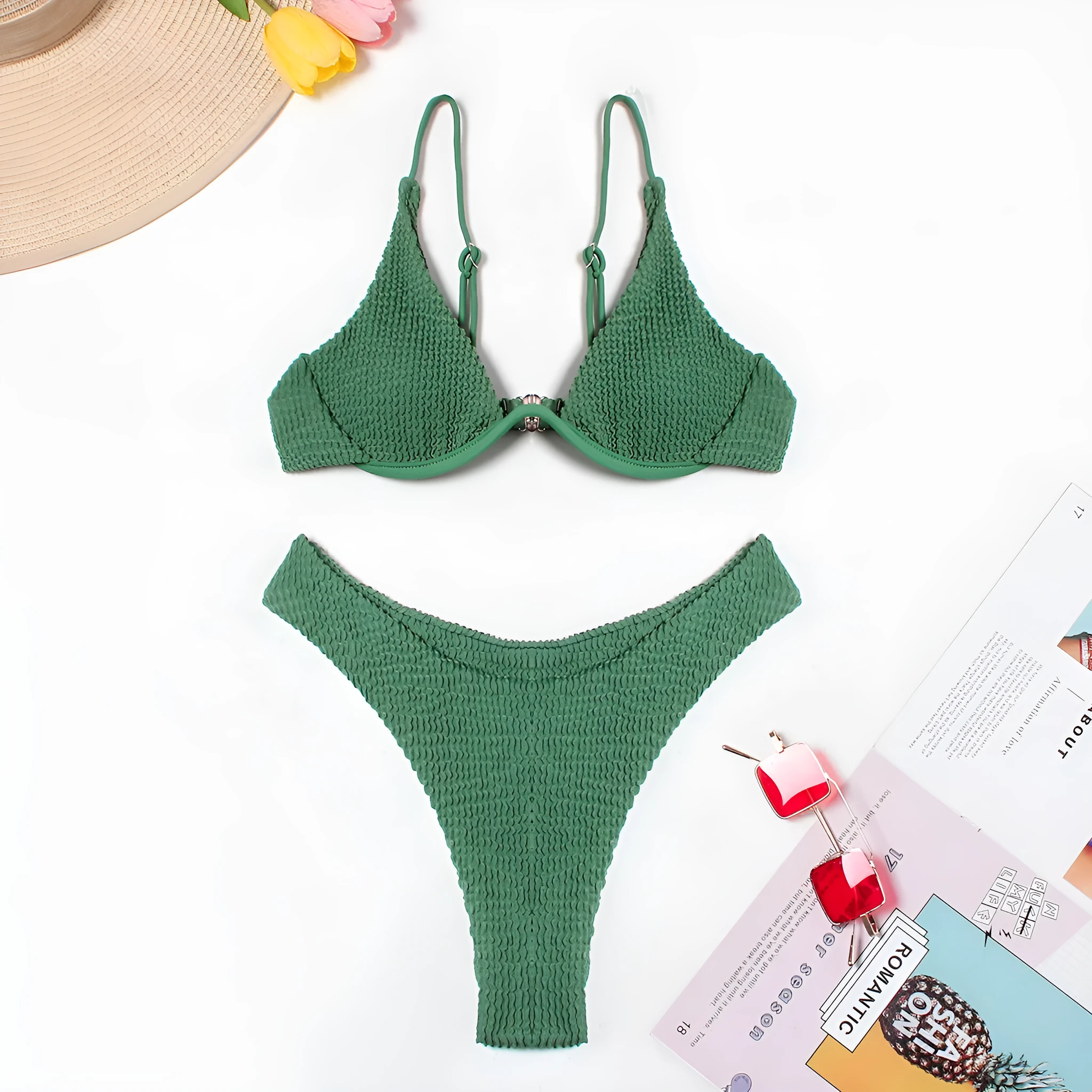 Women's green solid colour bikini set with ruffle detail on briefs, quick-dry polyester swimwear