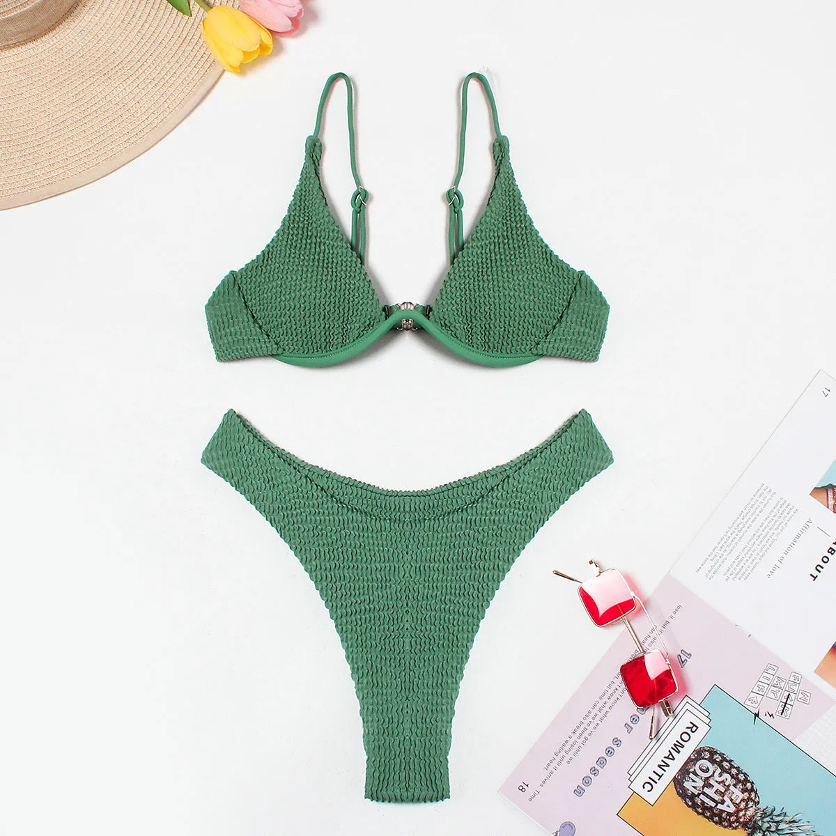 Women's green solid colour bikini set with ruffle detail on briefs, quick-dry polyester swimwear