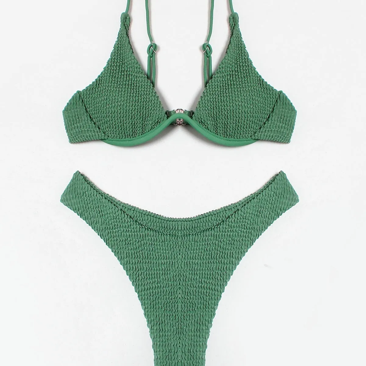 Women's green solid colour bikini set with ruffle detail on briefs, quick-dry polyester swimwear